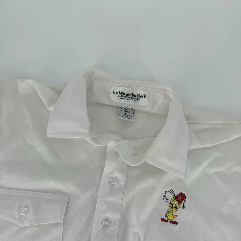 Vintage La Mode Du Golf White Polo Shirt Tweety Bird Fez Shriners Mens Large